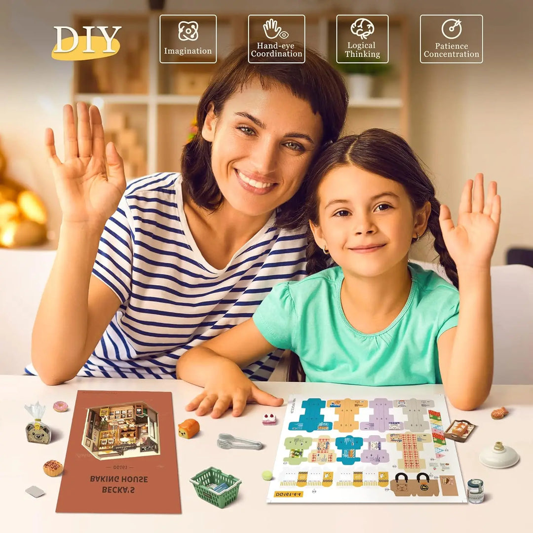Assembled miniature baking house dollhouse puzzle kit with LED light, showcasing tiny kitchen details.