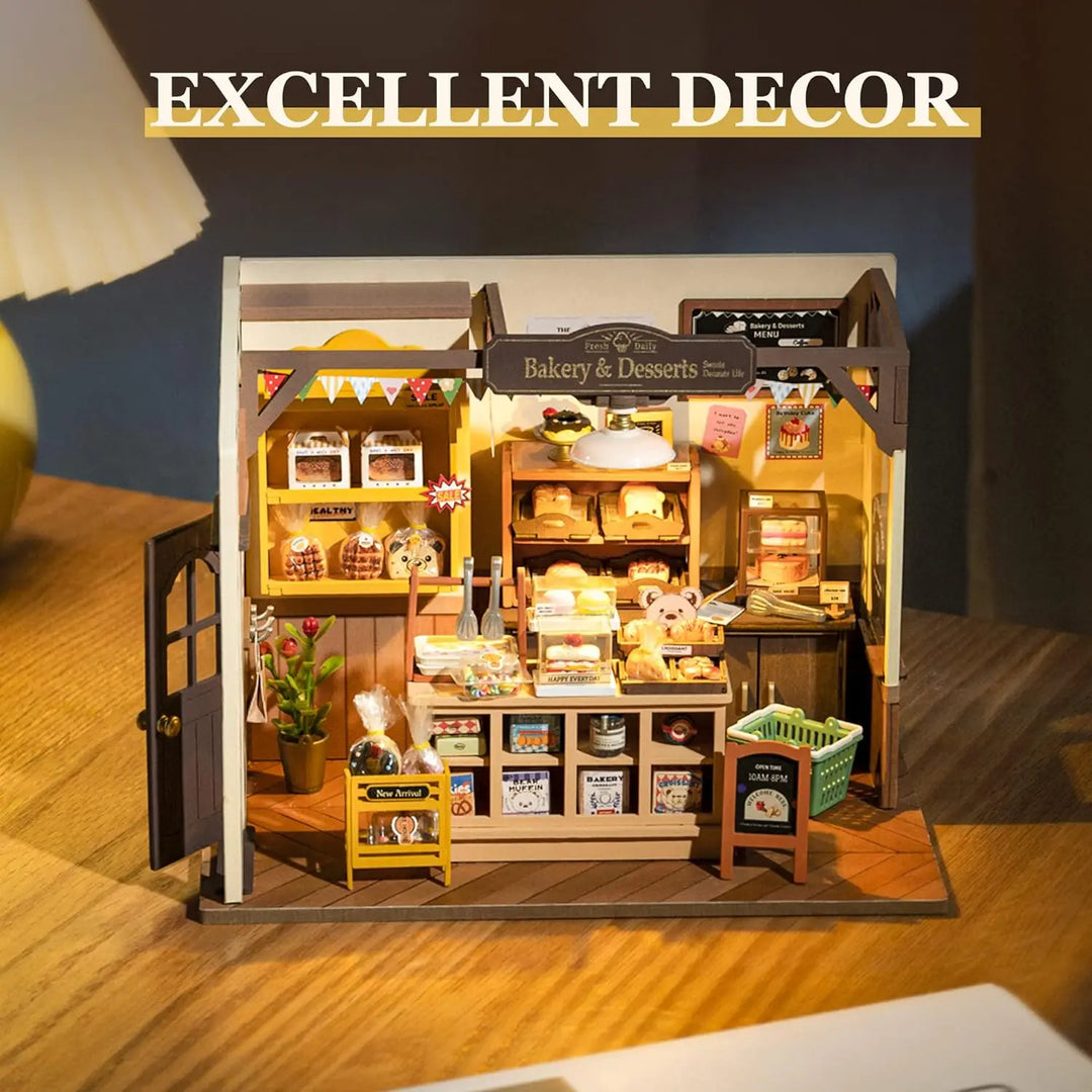 Engaging DIY miniature baking house puzzle kit with LED light, an ideal hobby project or gift for crafty kids.