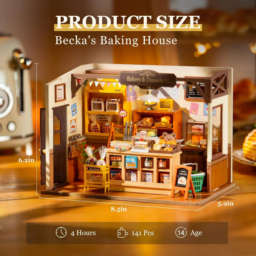 Charming miniature baking house dollhouse with working LED light, a delightful collectible for kids' rooms.
