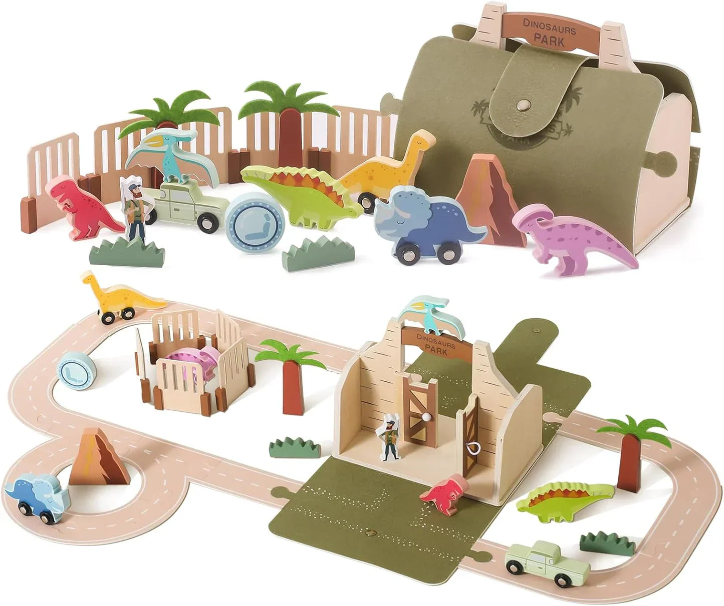 Children's eco-friendly wooden dinosaur park adventure set, ideal for creative and educational play.