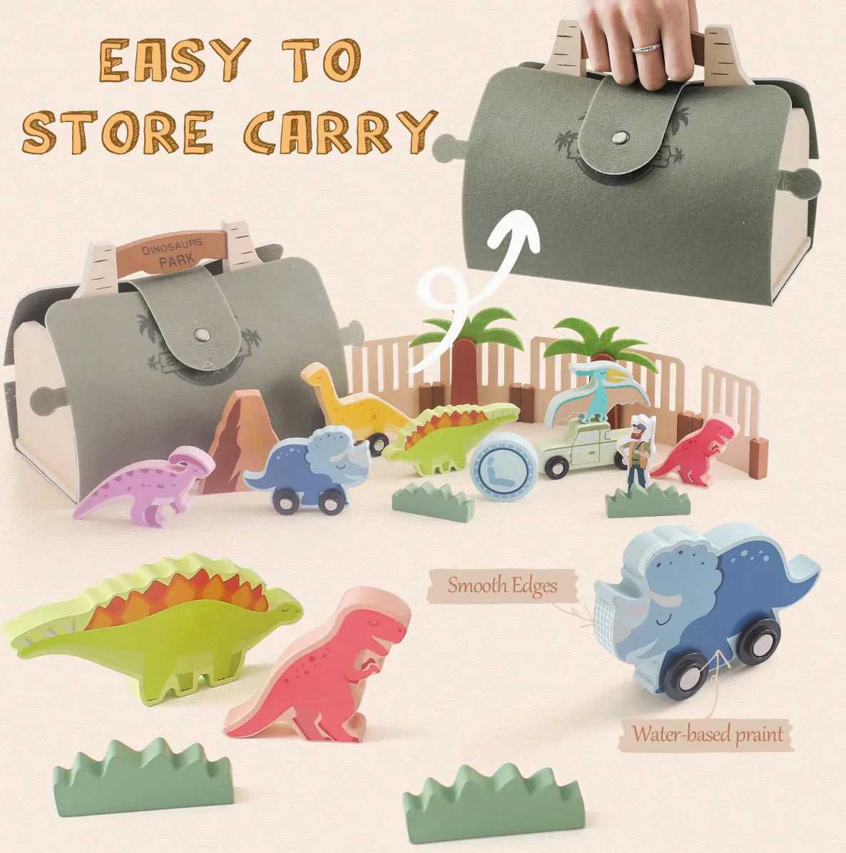 Detailed wooden dinosaur park adventure set, perfect for creative play and developing motor skills.