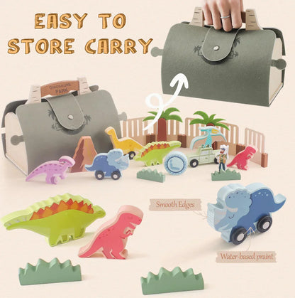 Detailed wooden dinosaur park adventure set, perfect for creative play and developing motor skills.