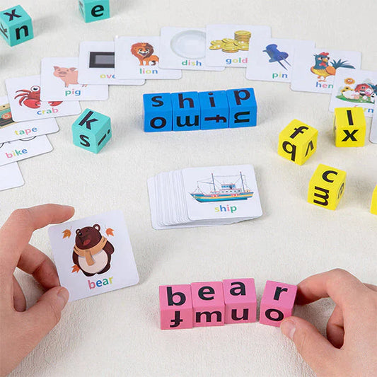 Children's educational English spelling game with colorful wooden alphabet blocks for preschool learning