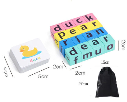 Kids activity: English spelling game showing a child arranging colorful letter blocks