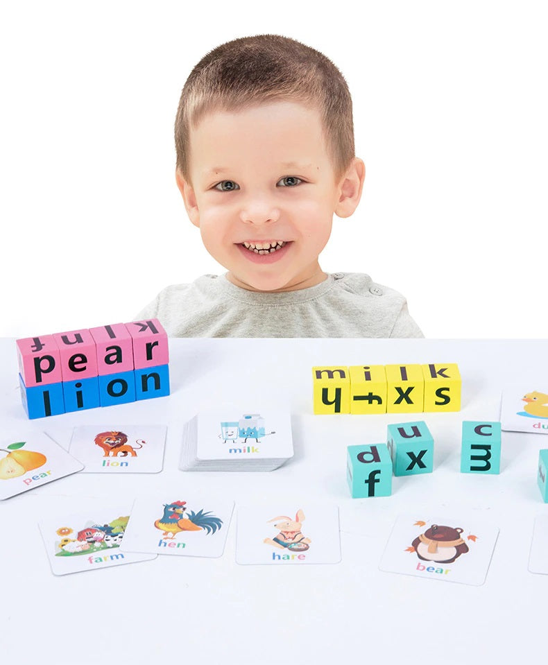 Close-up of a child's hands playing an English spelling game with wooden alphabet blocks, learning activity