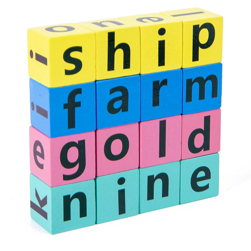 Educational spelling game for kids with vibrant wooden letters, promoting English learning and literacy