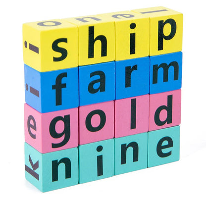 Educational spelling game for kids with vibrant wooden letters, promoting English learning and literacy