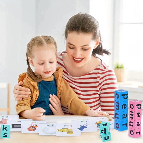 Children's English spelling game featuring durable wooden blocks and picture cards for interactive learning