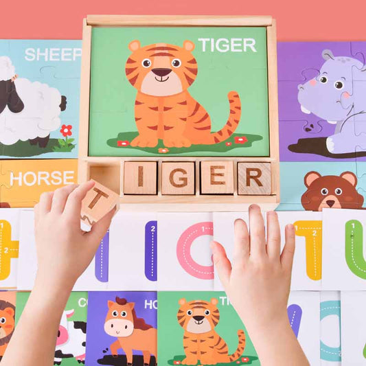 Children's educational wooden word puzzle game with colorful letters, close-up