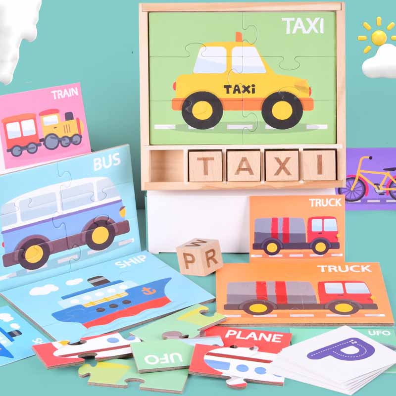 Preschool kids learning to spell with wooden pegged letter puzzle toy
