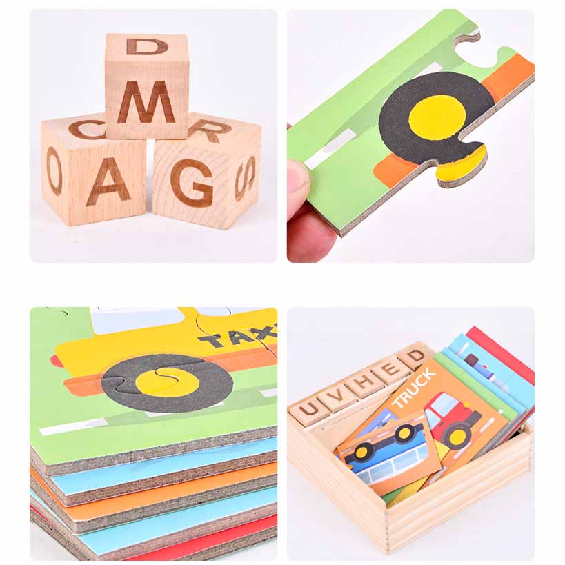Kids playing with a colorful wooden word puzzle, learning toy gift