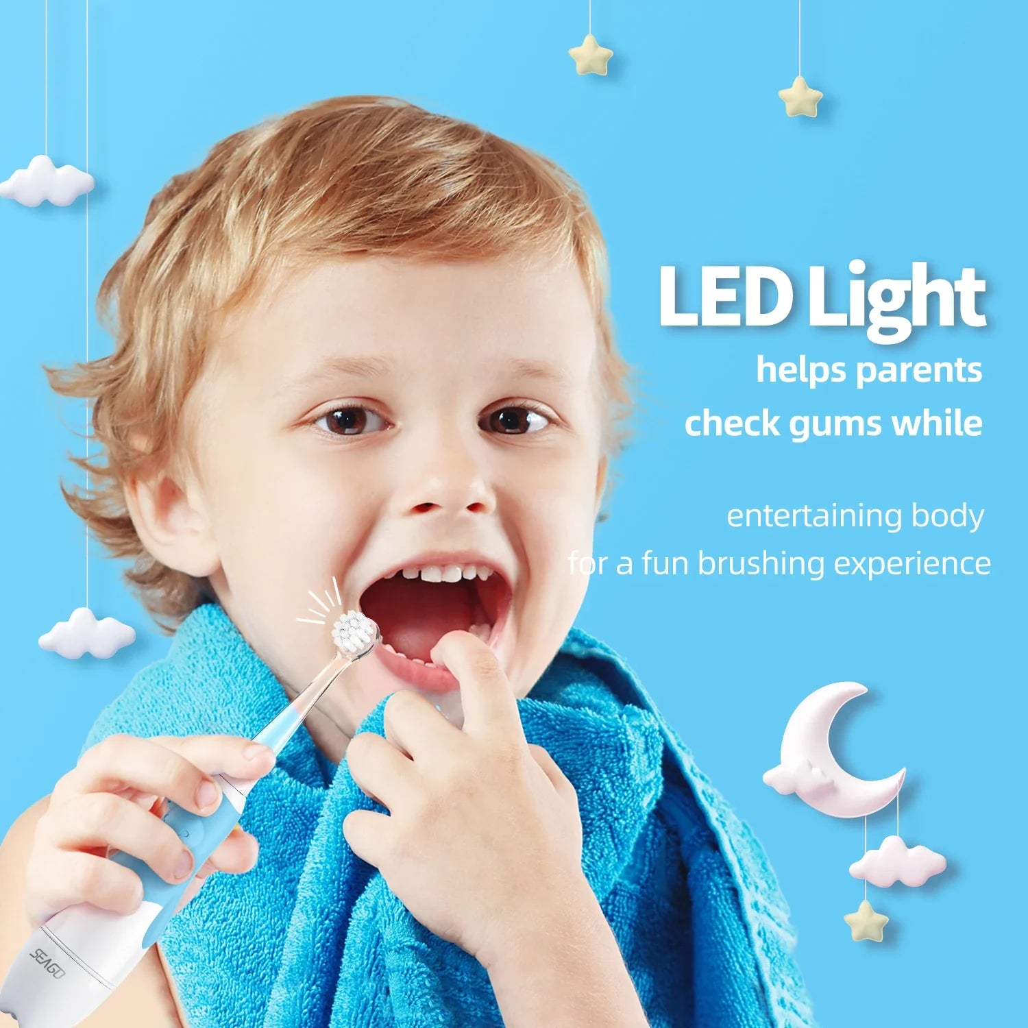 Kids electric toothbrush featuring smart timer & soft silicone bristles, perfect for toddler dental hygiene.