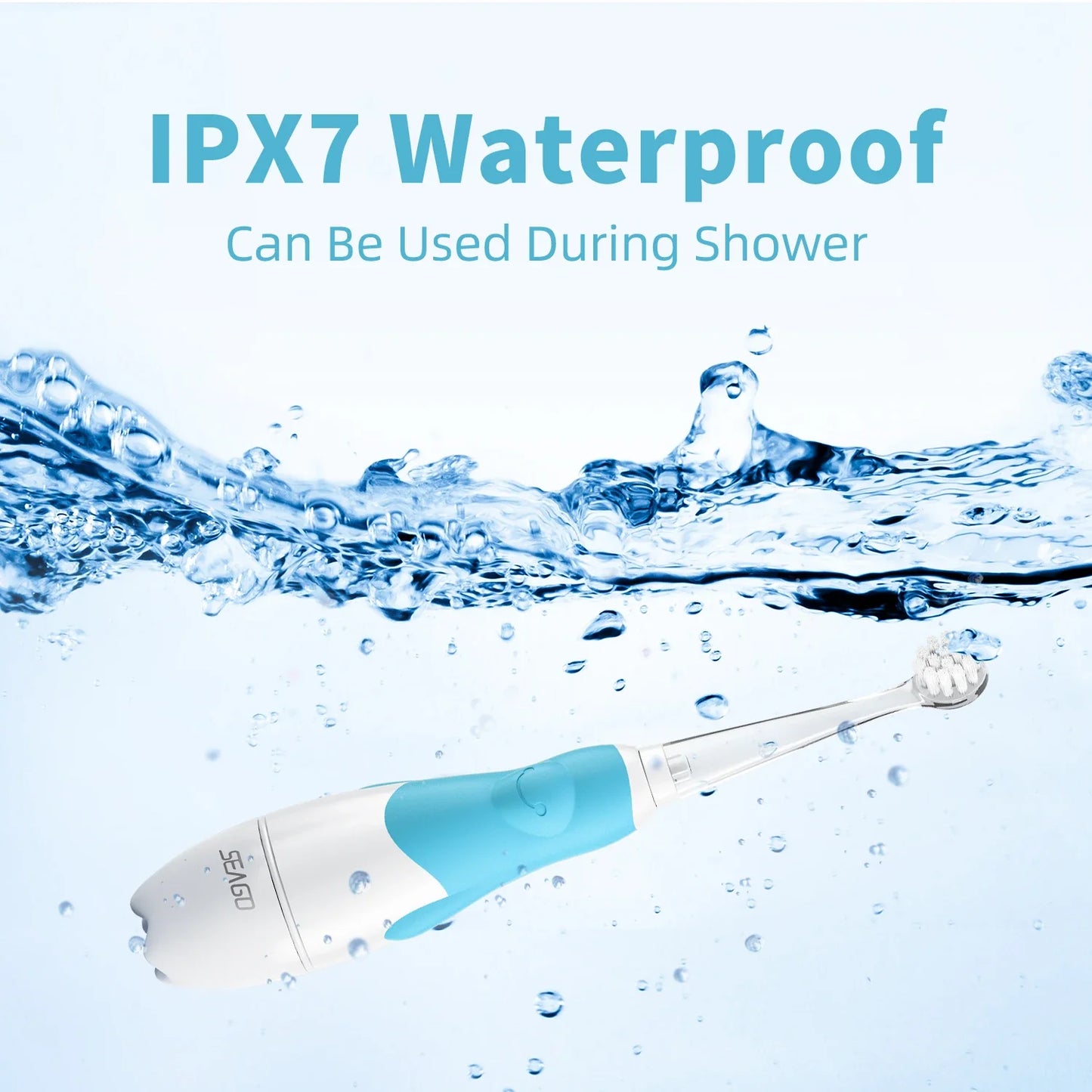 Cartoon electric toothbrush for kids with smart timer & waterproof design, promoting baby oral health.