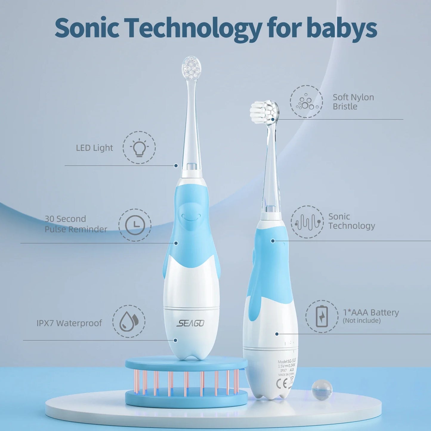 Children's waterproof electric toothbrush with soft silicone head and smart timer for gentle cleaning.