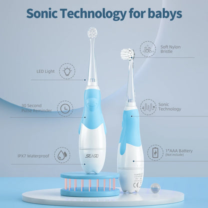 Children's waterproof electric toothbrush with soft silicone head and smart timer for gentle cleaning.