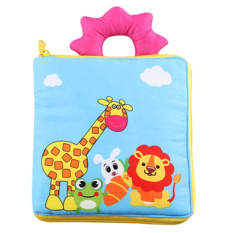 Soft infant toy activity book with high-contrast patterns for visual stimulation