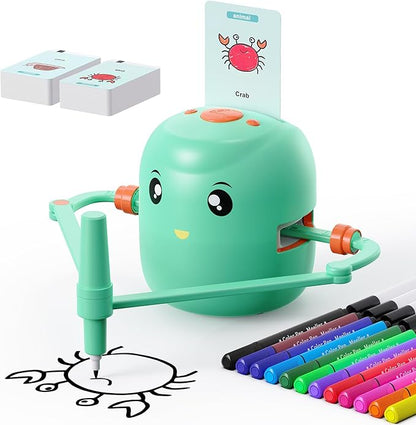Children's interactive drawing robot toy teaching letter recognition to young child.