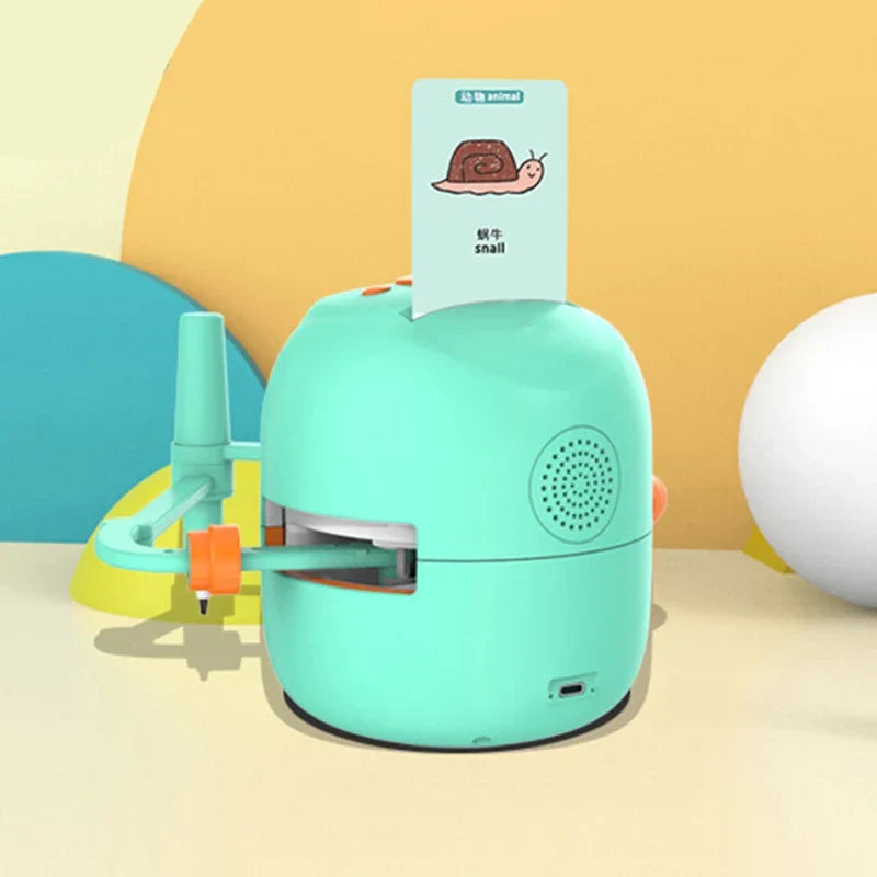 Child enjoying a learning toy, an interactive drawing robot with cards.