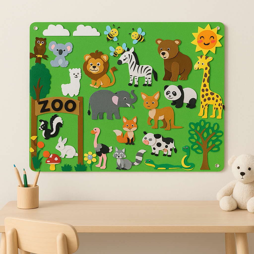 Children's interactive felt board with vibrant animal figures, educational preschool toy for learning fun