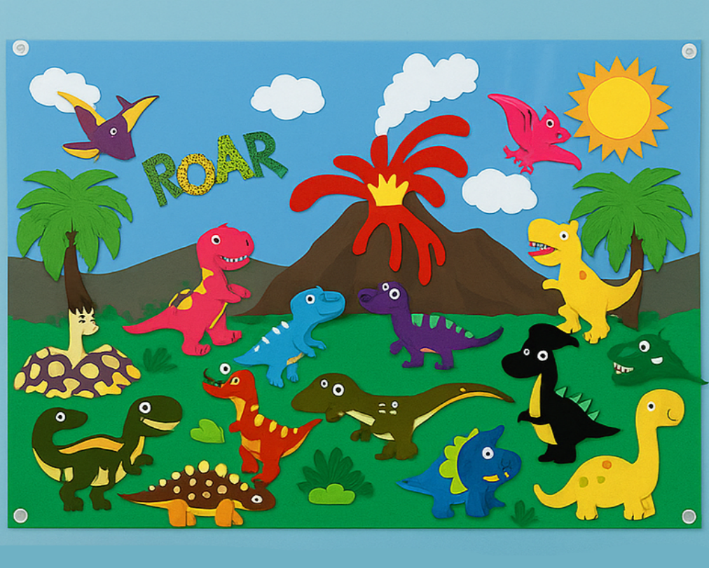 Interactive felt board for storytelling, featuring animal and dinosaur toy characters for kids
