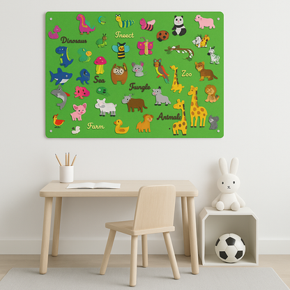 Close-up of a child arranging animal figures on a vibrant felt board, an interactive learning game
