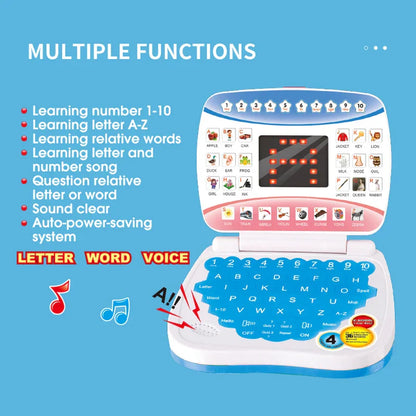 Toddler playing with a blue kids computer featuring a screen and QWERTY keyboard