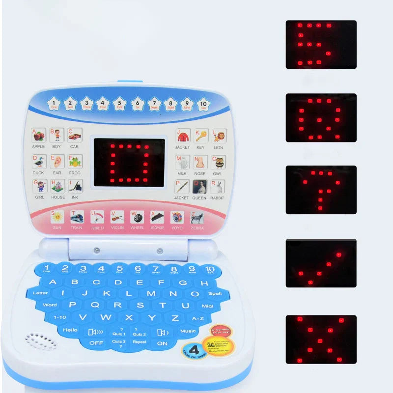 Educational laptop toy displaying a learning game, enhancing language development for children