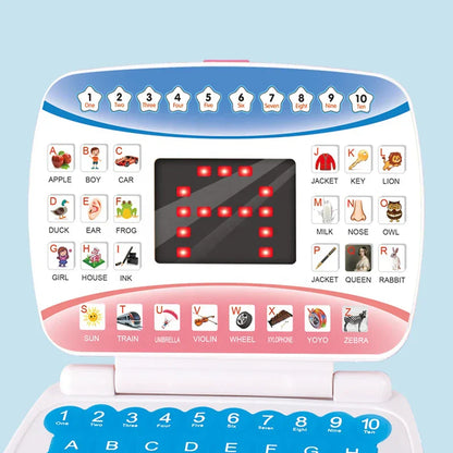 Close-up of a child's hands using an interactive learning laptop for creative play