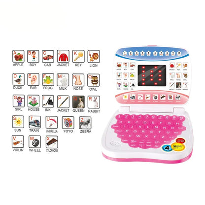 Pink children's laptop toy with puzzle games, designed for early education and fun