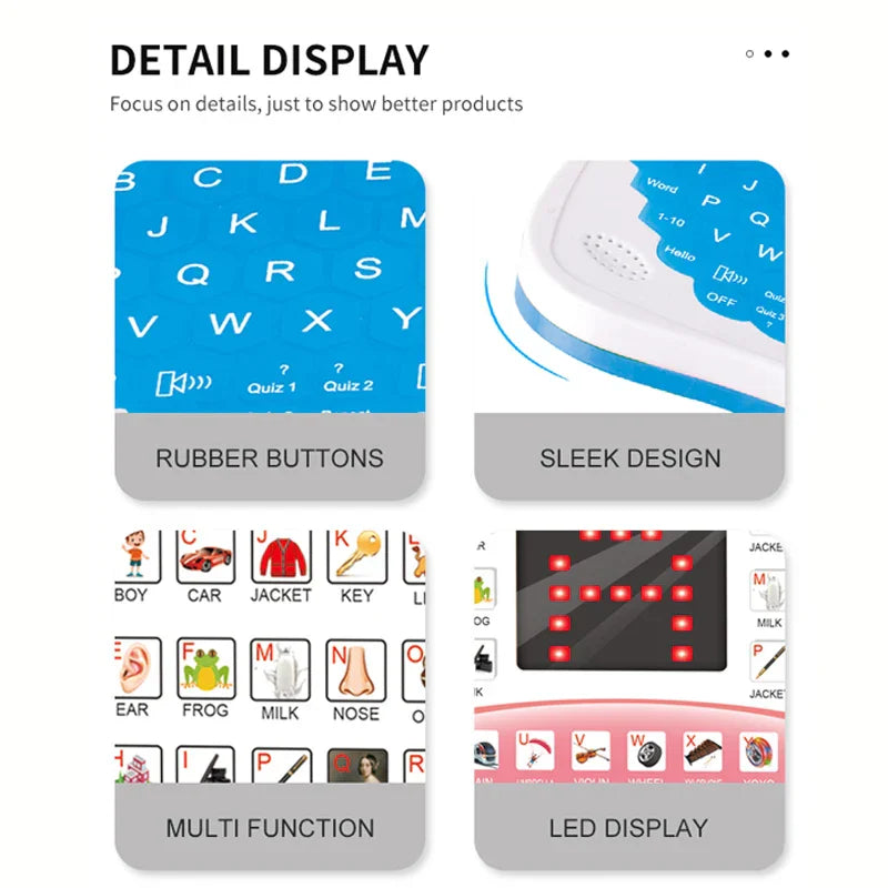 Kids computer with a handle, showing various learning activities and bright buttons