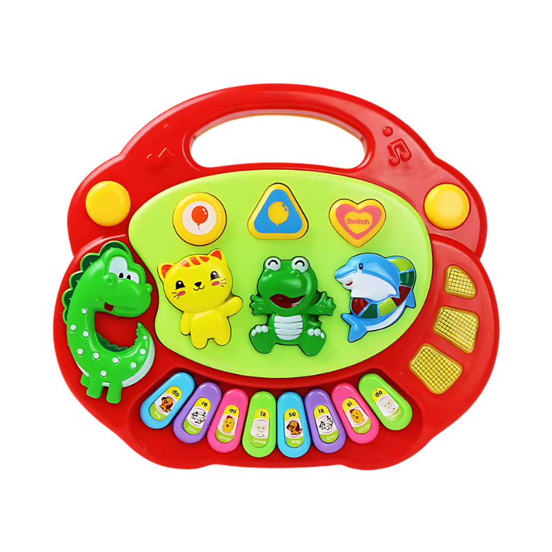 Close-up of a vibrant children's musical piano toy, featuring responsive keys for early learning and musical exploration.
