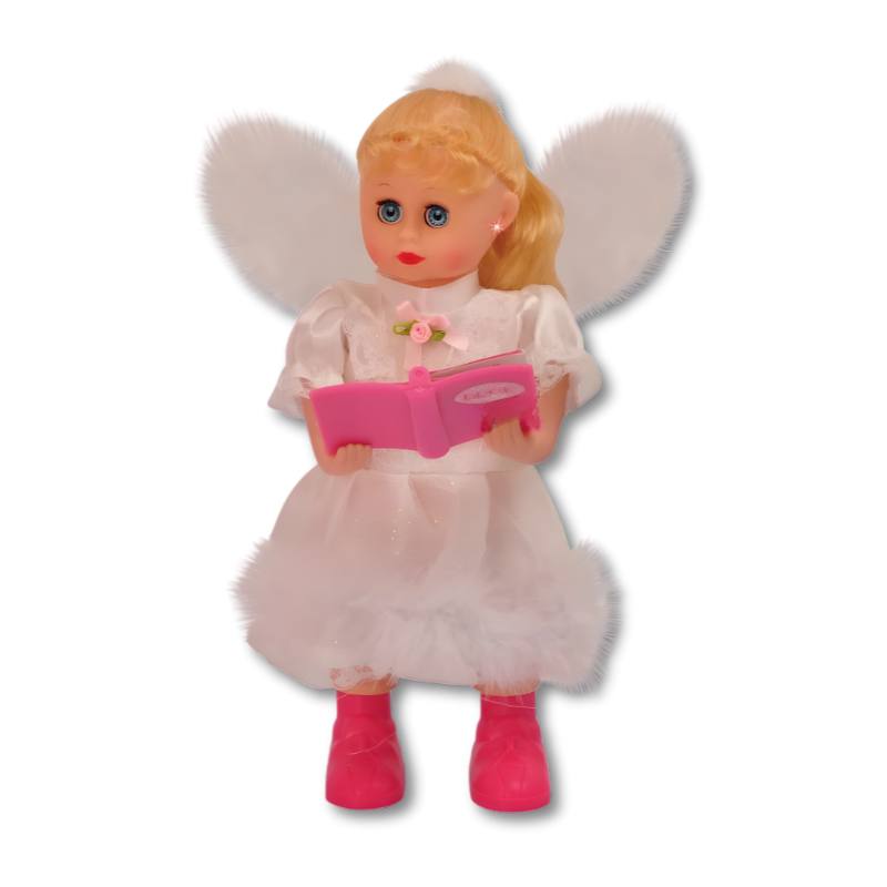 Full view of a swinging winged doll, glowing magically, an interactive and musical toy for children
