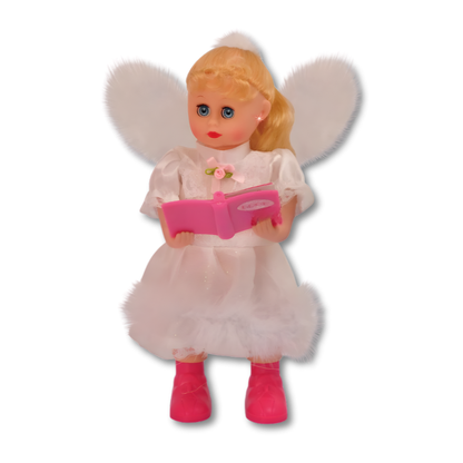 Full view of a swinging winged doll, glowing magically, an interactive and musical toy for children