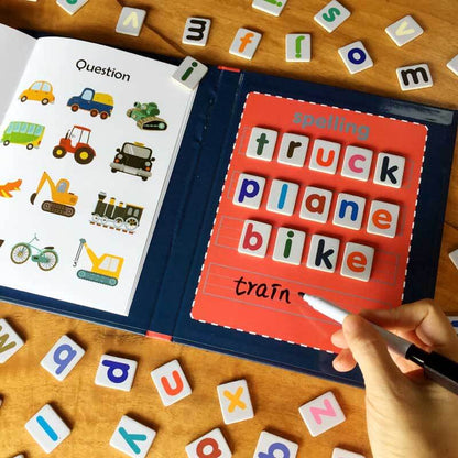 Close-up of magnetic letters on a Children's learning board, ideal for spelling games