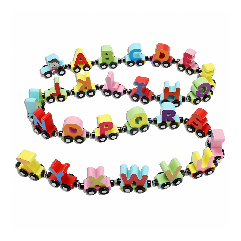 Preschool kids activity: Magnetic wooden learning train set featuring alphabet and number blocks