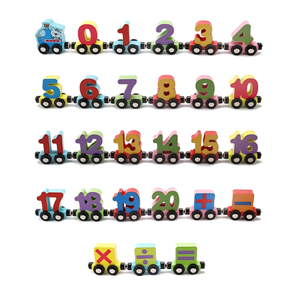 Close-up of a wooden magnetic train with brightly colored letter and number cars for kids' learning