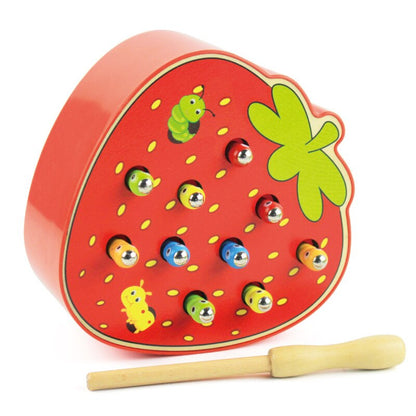 Magnetic worm catching game, a wooden toy for toddlers and preschoolers learning