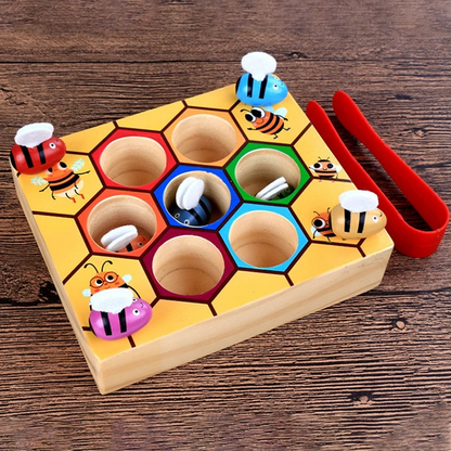 Children's Montessori Bee Sorting Game for toddlers, wooden educational toy improving fine motor skills & color recognition.