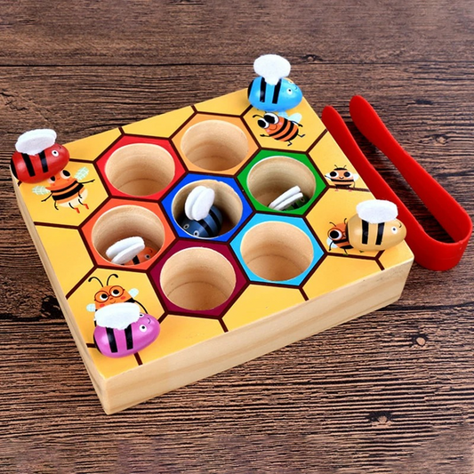 Children's Montessori Bee Sorting Game for toddlers, wooden educational toy improving fine motor skills & color recognition.
