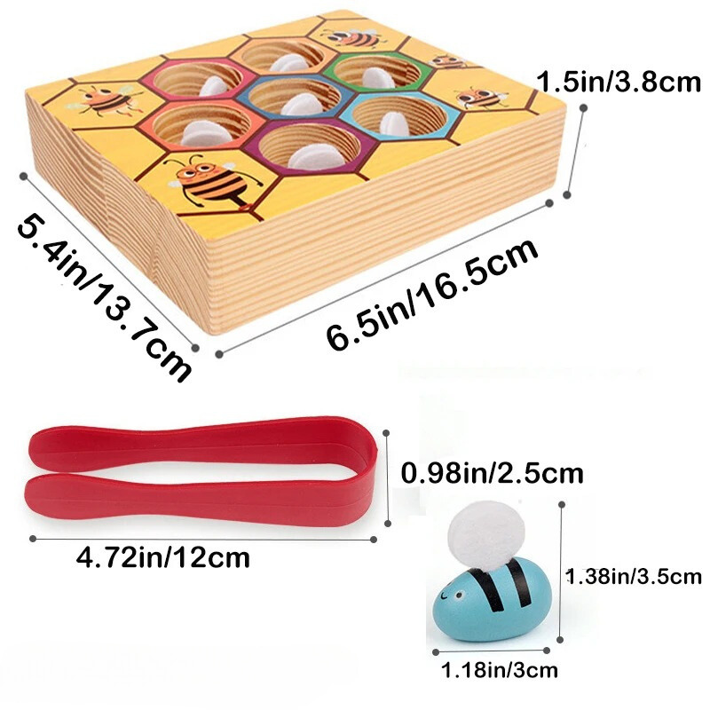 Montessori Bee Sorting Game for preschool kids, wooden toy for learning and developing fine motor skills and color recognition.
