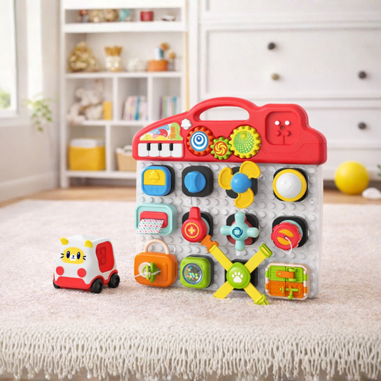 Children's Montessori sensory board with colorful locks & fine motor skill activities, ideal for toddler learning & travel.