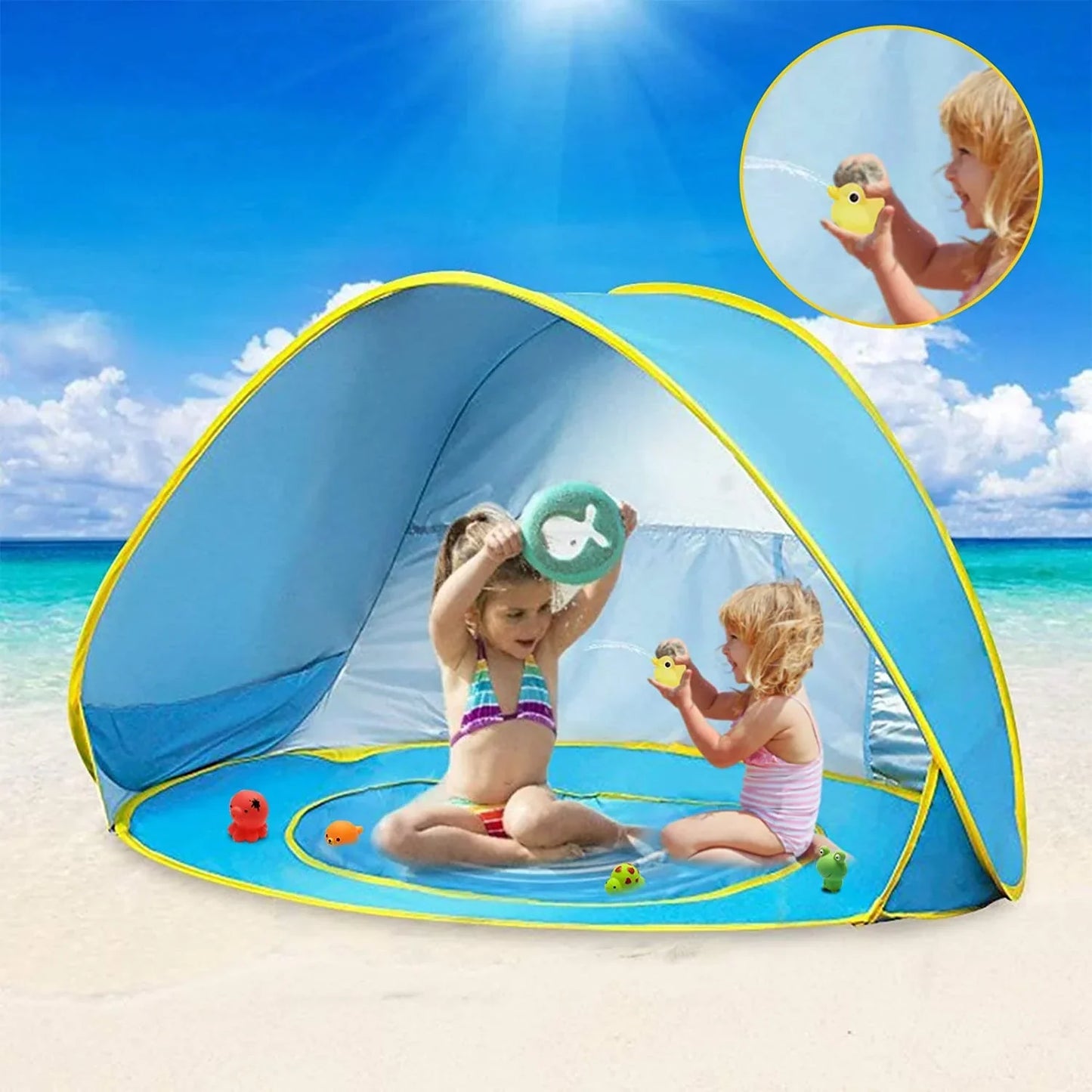 Children's pop-up beach shade tent with built-in mini pool, offering UV protection for toddler summer fun