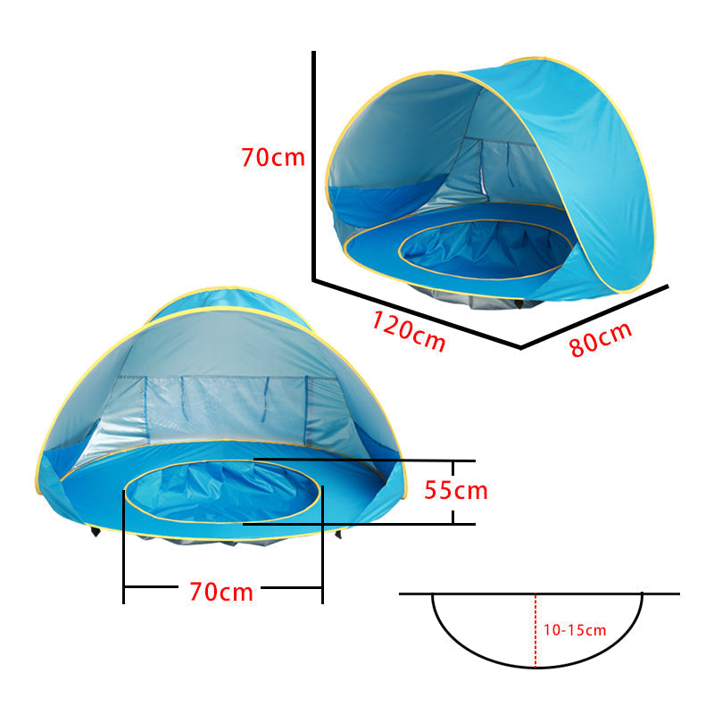 Portable kids outdoor beach tent with pop-up design and water pool, ideal for sun protection and play