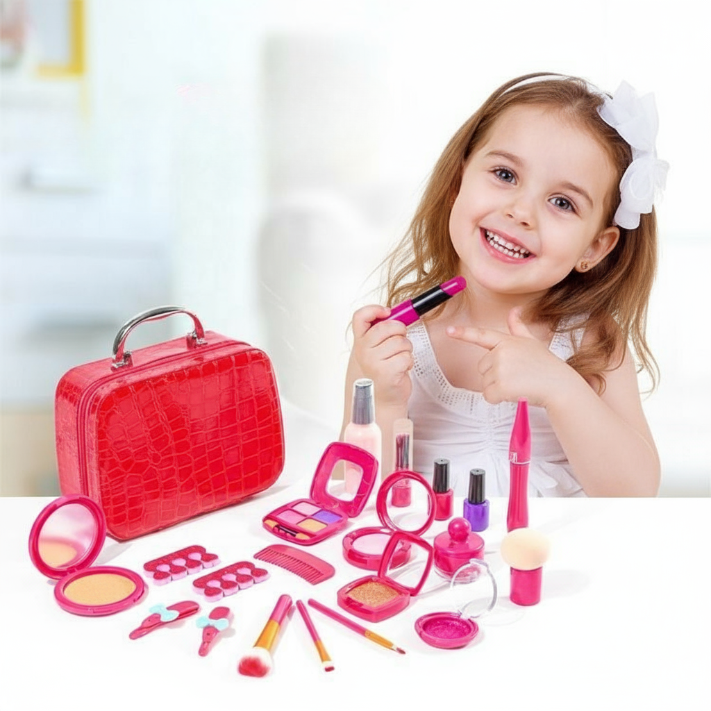 Children's pretend play makeup toy set with colorful eyeshadows & brushes, inspiring creative role play.