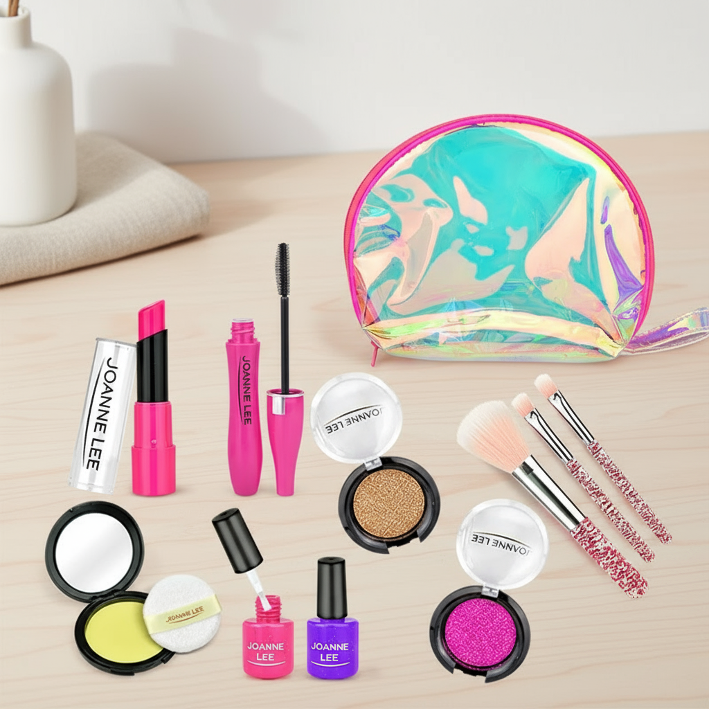 Kids' pretend play beauty kit with colorful, non-toxic components for safe play.