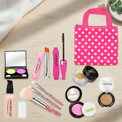 Colorful pretend makeup accessories for kids, including pretend foundation and glitter.