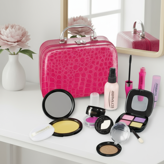 Imagination-rich pretend makeup toy set for kids, complete with brushes and a mirror.