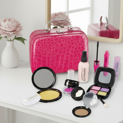 Imagination-rich pretend makeup toy set for kids, complete with brushes and a mirror.