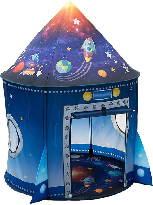 Children's rocket ship play tent for outdoor space adventure, blue with red accents, kids outdoor toy
