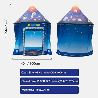Large children's play tent shaped like a rocket, suitable for both indoor and outdoor adventure play